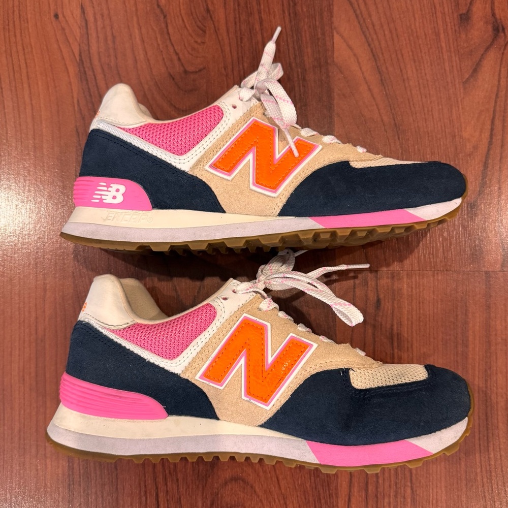 New Balance 574 Sneakers with Orange and Pink Accents size 8.5